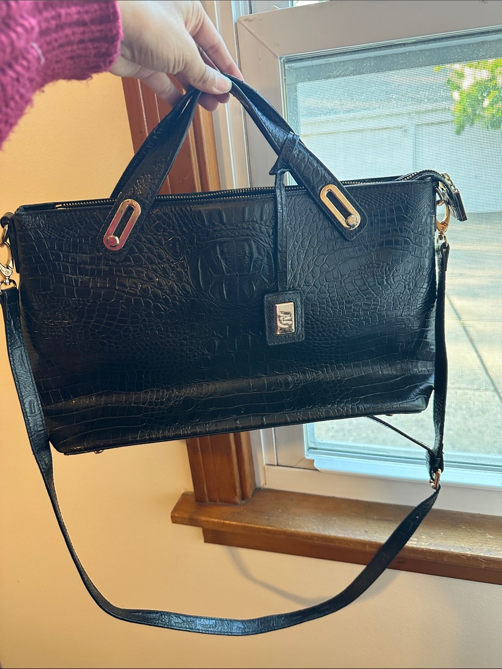 Nuciano Black Croc-Embossed Vintage, Office Bag with Shoulder Strap
